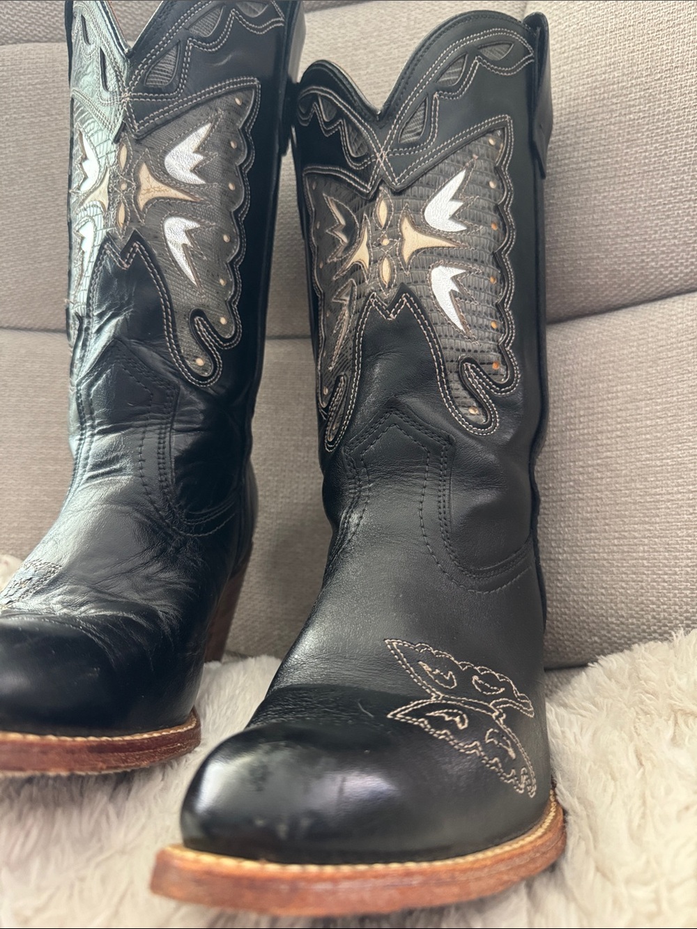 Vintage 70s Miss Capezio Black Leather Butterfly Inlay Cowboy Boots 8.5